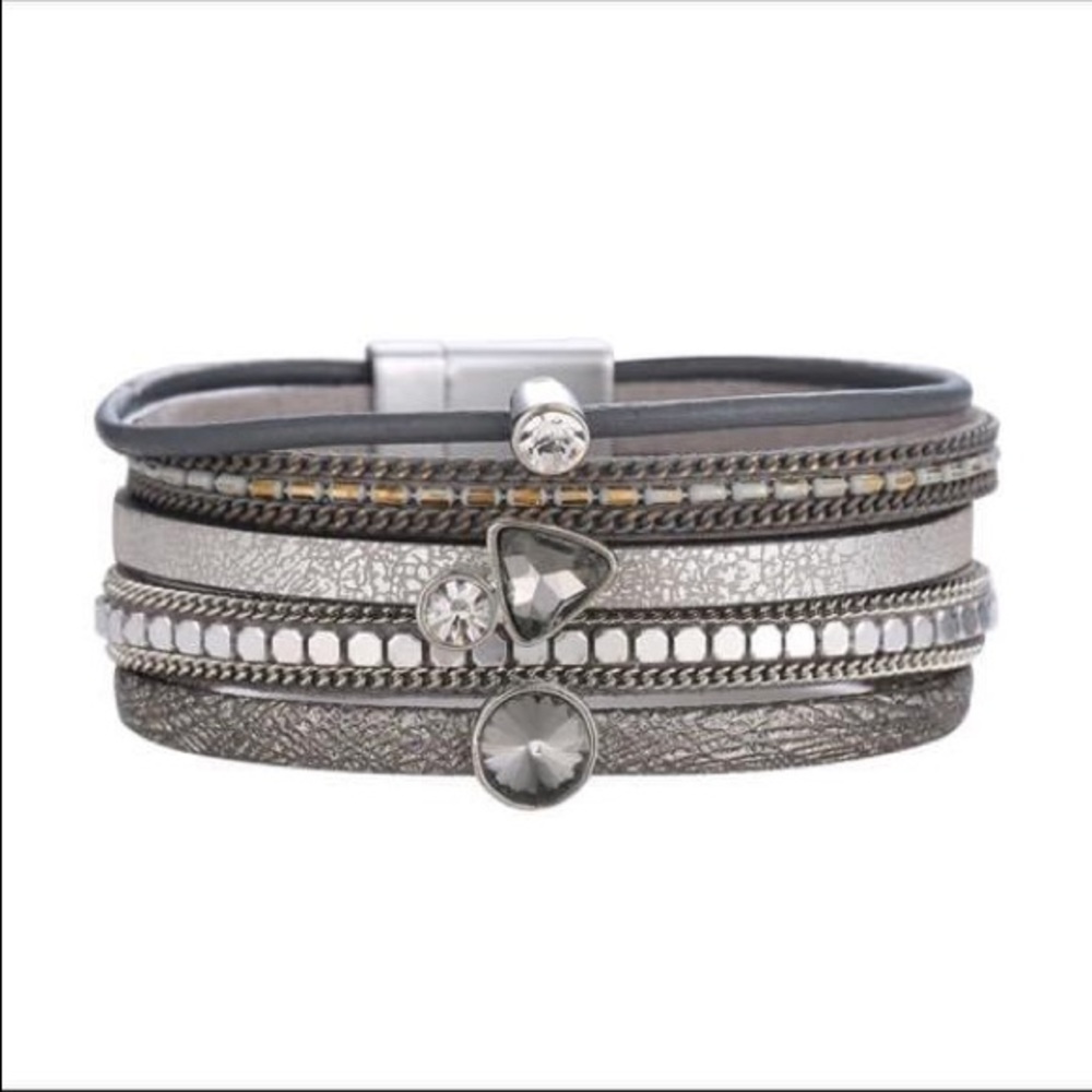 Silver Leather and Jeweled With Magnet Closure